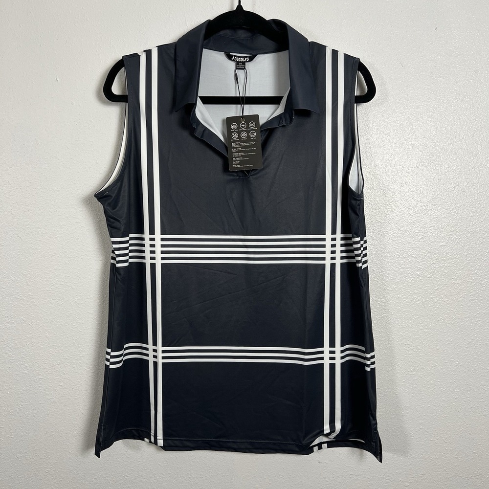 ACEGOLFS‎ Women's Sleeveless Polo Shirt Black White Plaid Golf Tennis Top 2XL